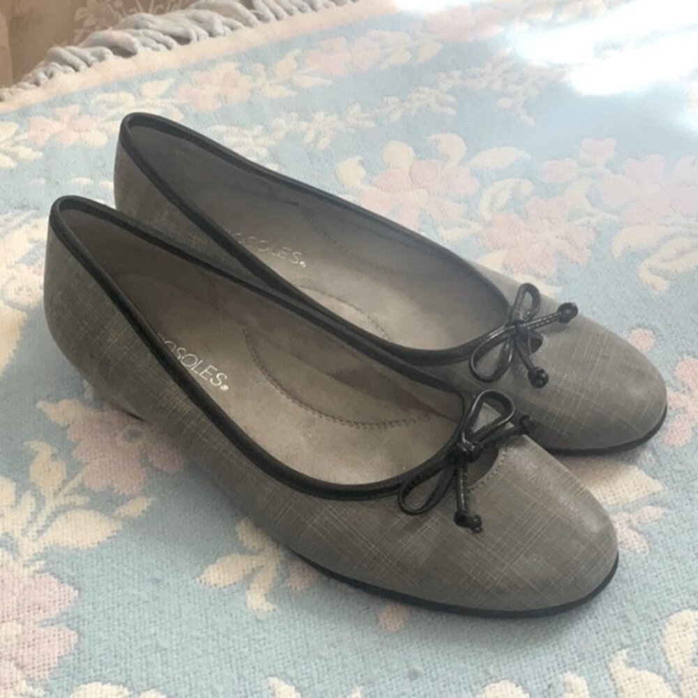 Aerosoles Sz 7 Grey Blk Bow Mini Plaid Check Ballerina Flats EUC